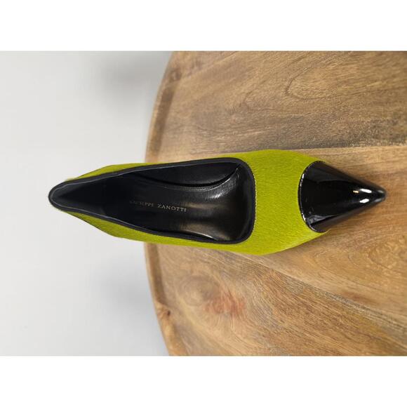 NWB Giuseppe Zanotti Lime Green Suede Black Patent Cap Toe Pointed Pumps Size 5 - Picture 14 of 14